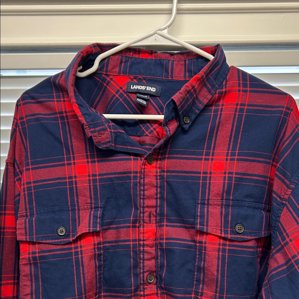 Lands' End Navy and Red Checkered Shirt